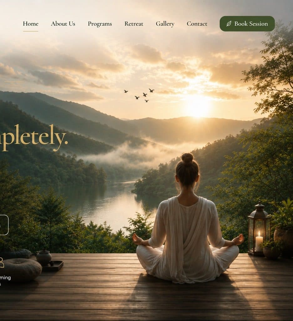 Sunrise meditation deck overlooking a misty Himalayan forest and lake at Omangayam Wellness Retreat