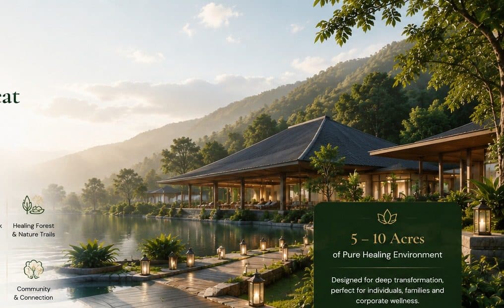Omangayam luxury wellness retreat pavilion beside a forest lake at golden hour